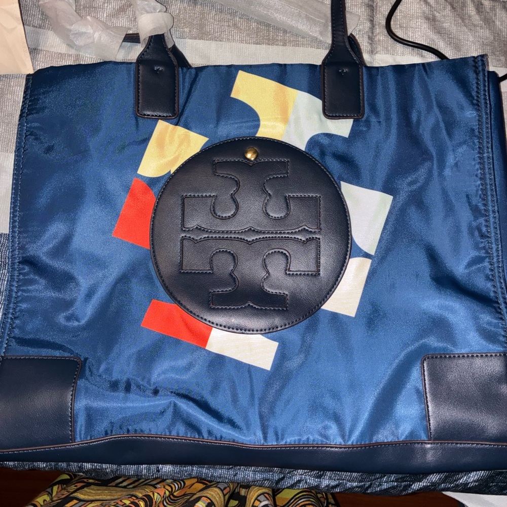 Navy Blue Graphic Tote Bag with Black Accent - Picture 2 of 3